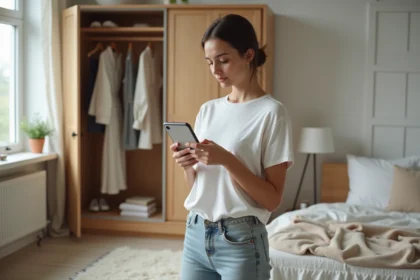 Jeune femme consultant un convertisseur de taille vêtement sur smartphone avant d'essayer un haut