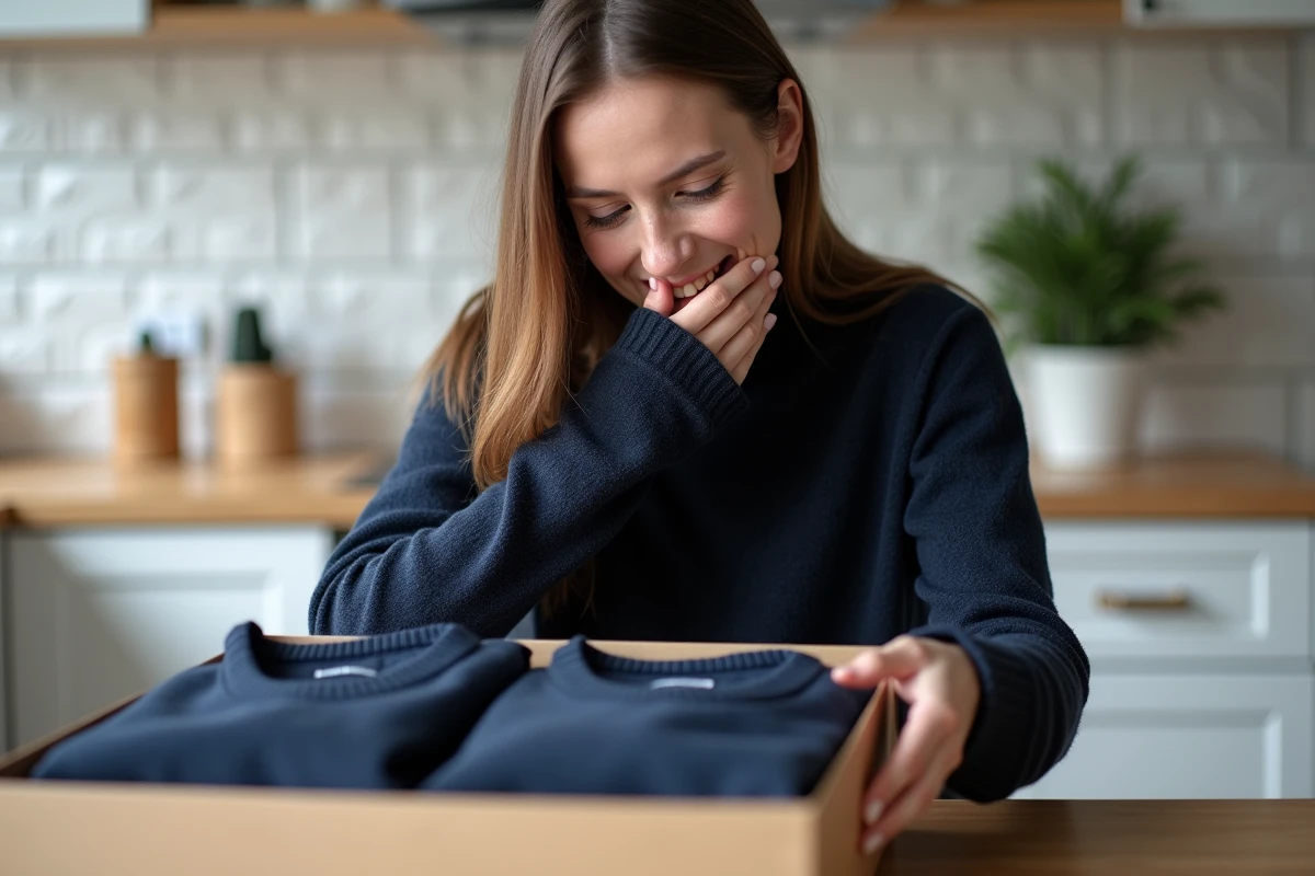 Femme découvrant avec surprise des pulls assortis pour couple dans une boîte cadeau ouverte sur une table de cuisine moderne
