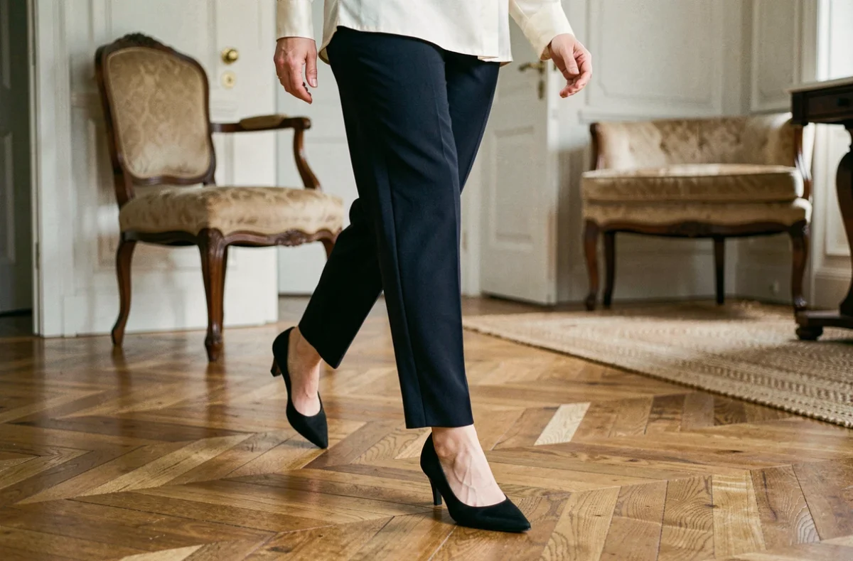 Femme portant des escarpins noirs avec une semelle correctrice dans un appartement parisien au parquet en chevrons