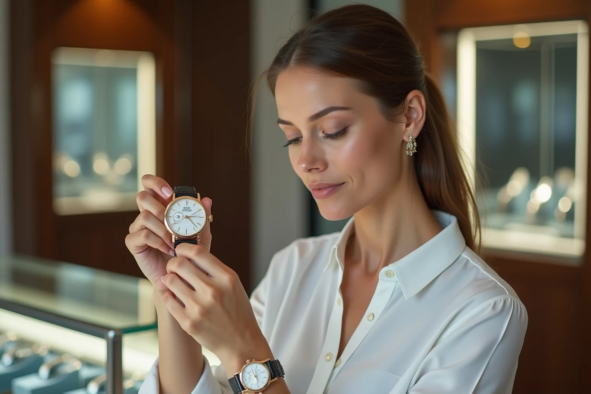 Femme examinant une montre de luxe style Rolex dans une boutique horlogerie moderne