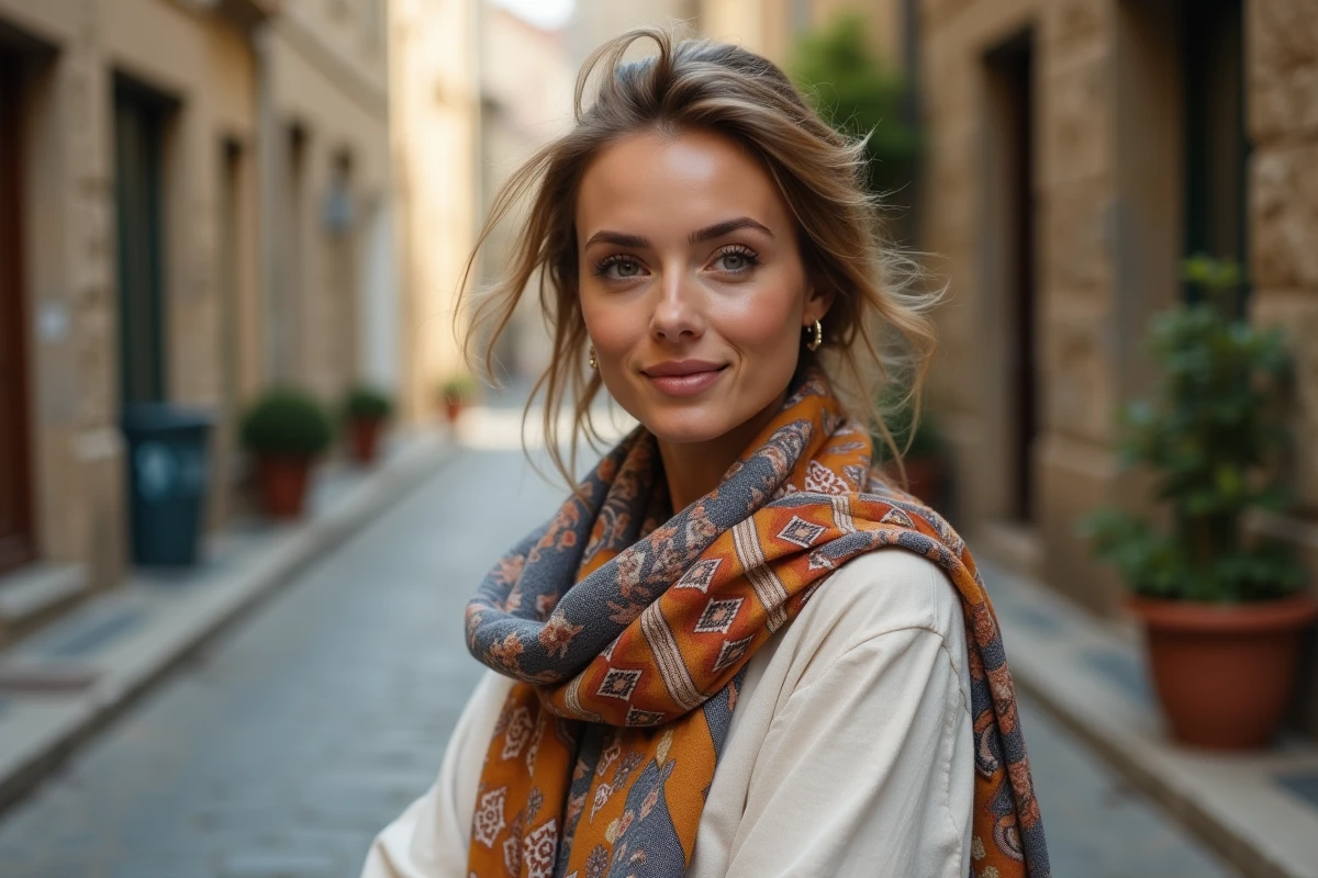 Femme portant un foulard chèche imprimé à motifs géométriques drapé sur une chemise en lin crème dans une rue pavée européenne