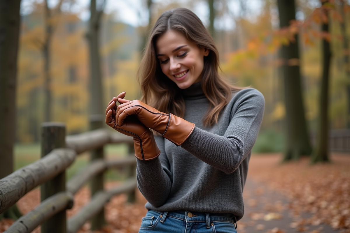 Femme porte des gants en cuir dans un parc automnal