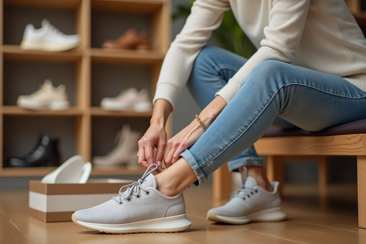 Femme d'âge moyen lace une chaussure confortable en magasin