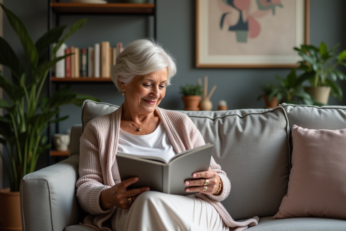 Femme élégante lisant un magazine dans un salon moderne