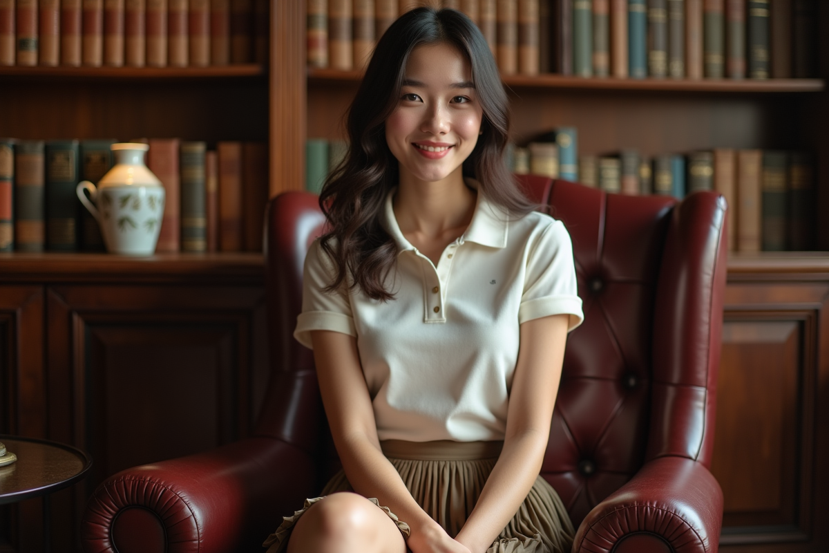 Jeune femme assise dans une bibliothèque élégante