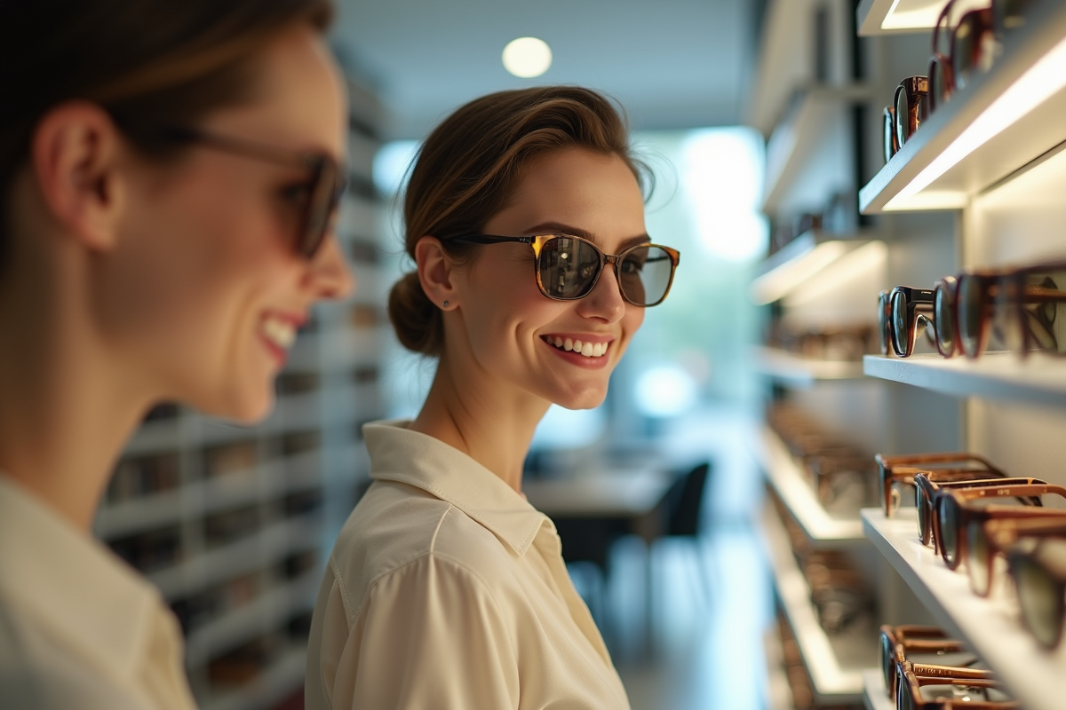 Femme essayant des lunettes de soleil dans un magasin moderne