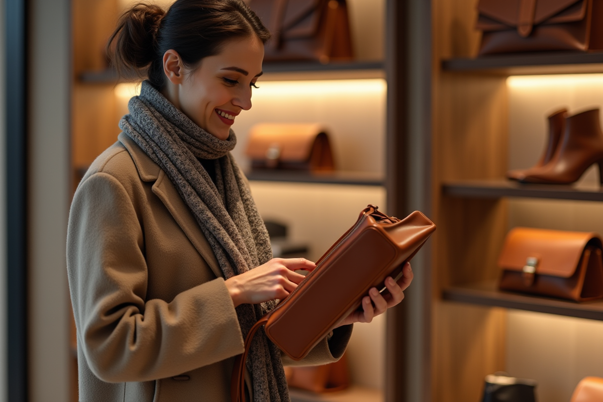Femme élégante inspectant un sac de luxe en boutique
