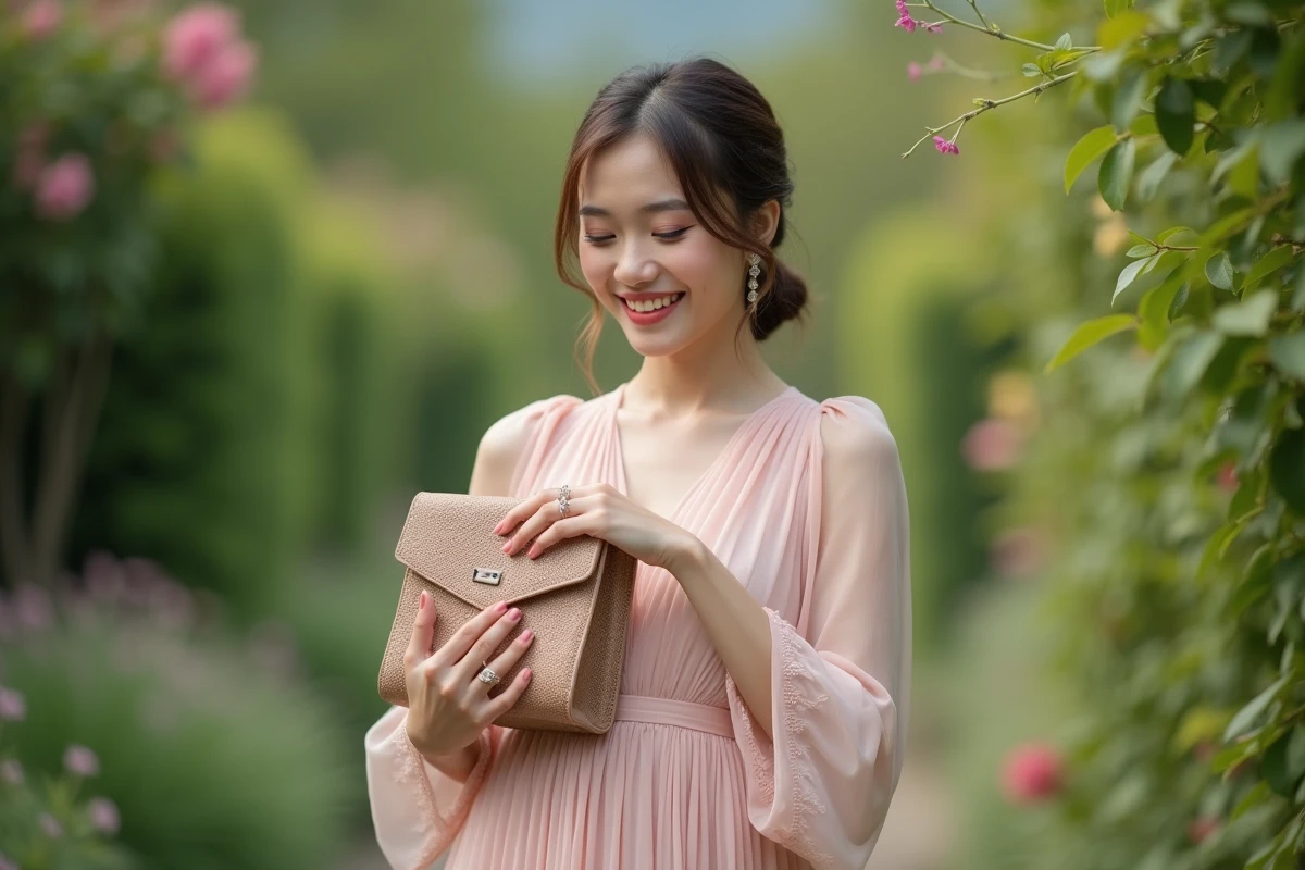 Femme souriante en robe pastel ajustant son sac lors d'un mariage