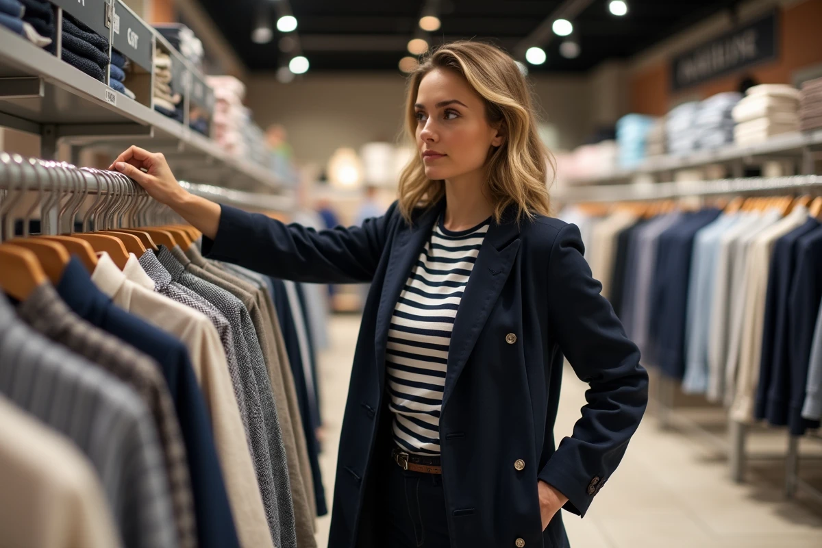 Femme en marinière et caban dans supermarché mode nautique