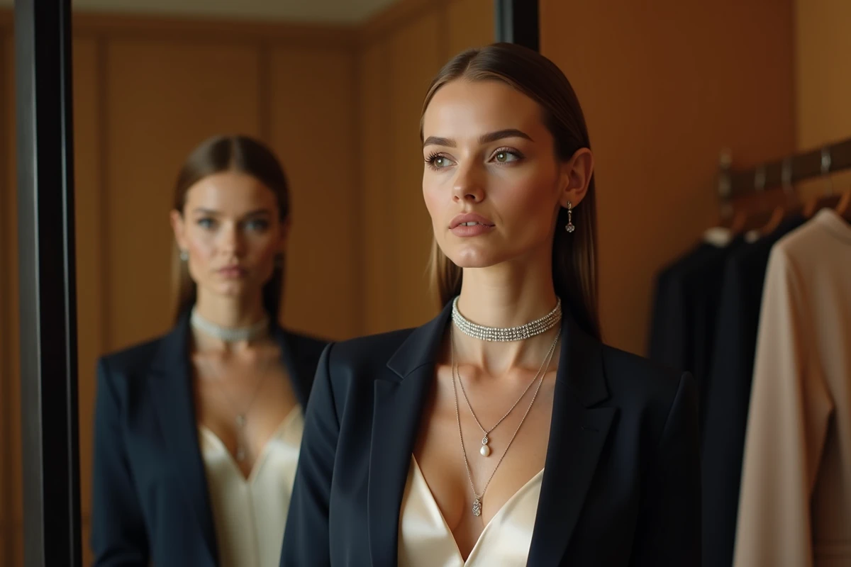 Femme dans une cabine d'essayage portant un choker cristal et un collier long perle sur blazer marine, vue miroir