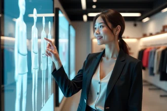 Femme élégante utilisant une interface holographique dans une boutique CLO