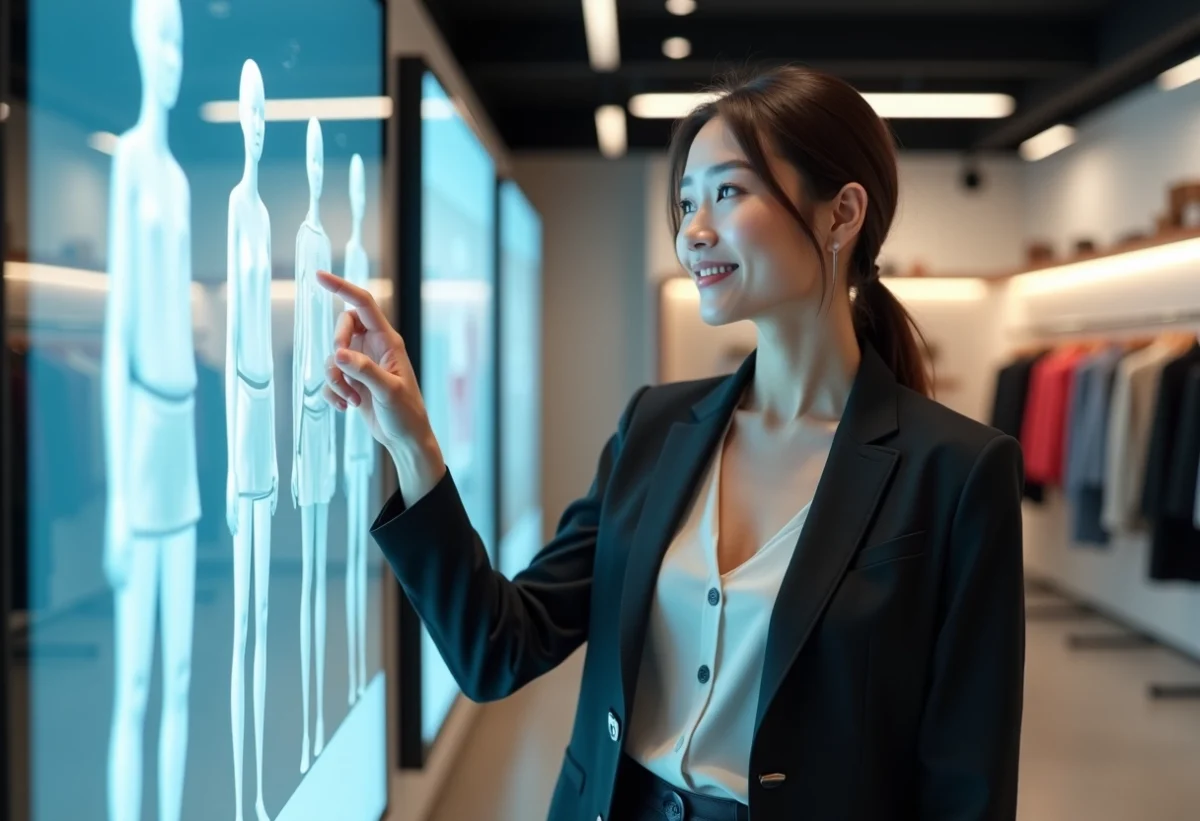 Femme élégante utilisant une interface holographique dans une boutique CLO