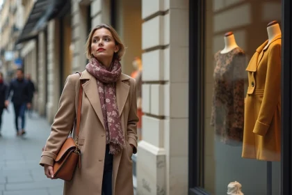 Femme élégante sur le trottoir de Paris admire les vitrines