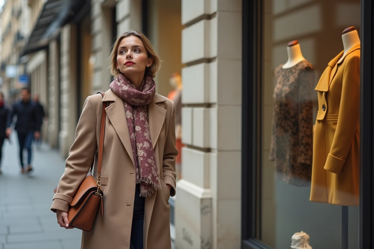 Femme élégante sur le trottoir de Paris admire les vitrines