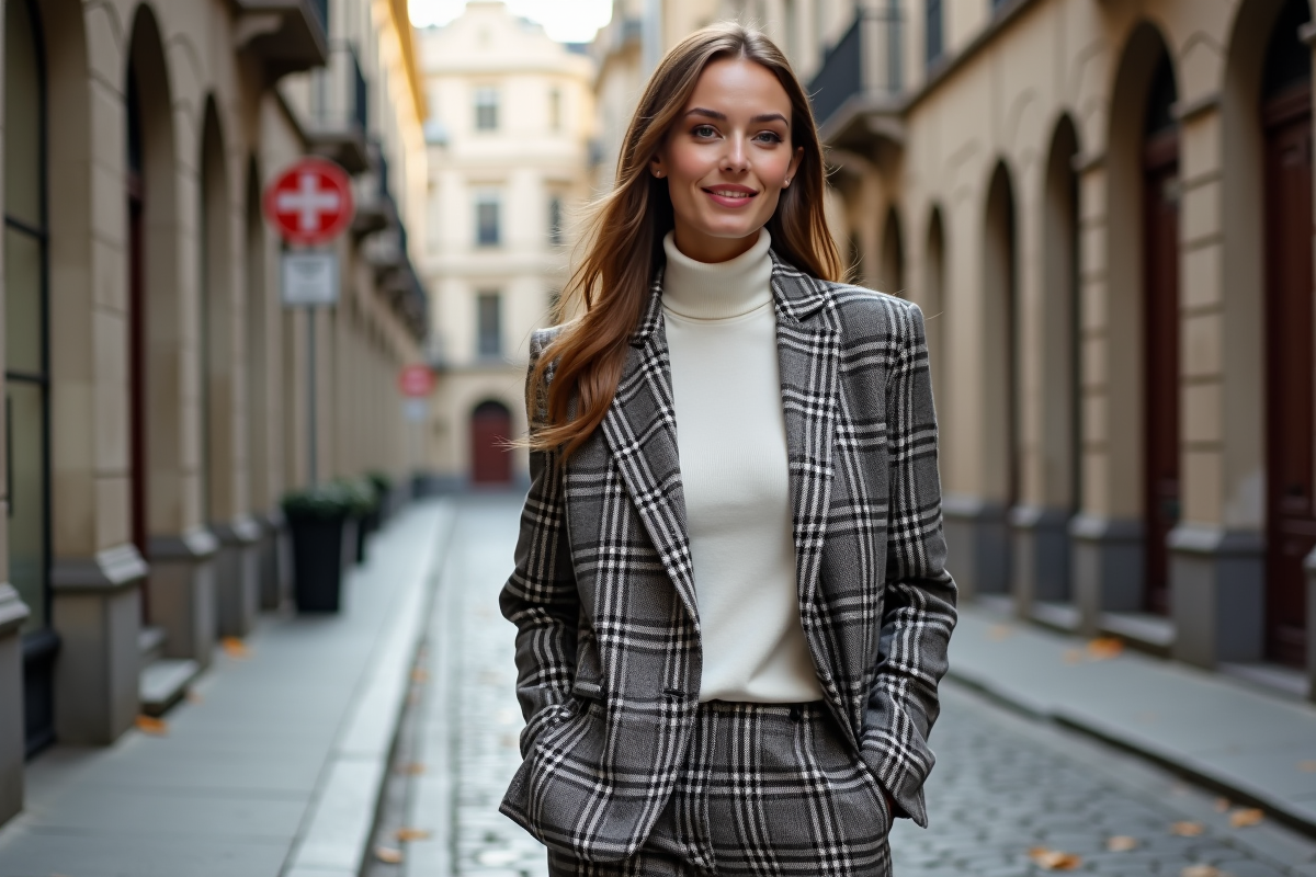 Femme élégante en blazer plaid dans la ville