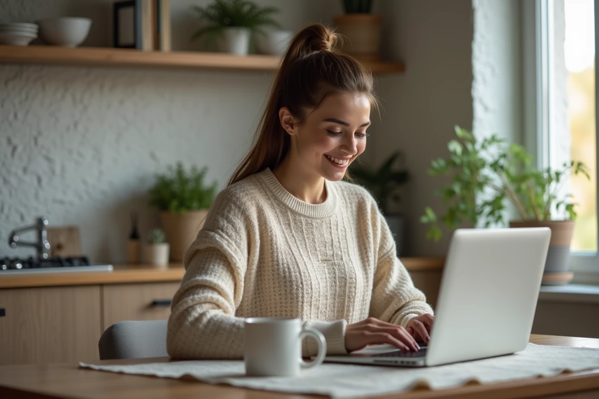 Jeune femme vérifiant sa taille de vêtement sur un laptop dans une cuisine moderne