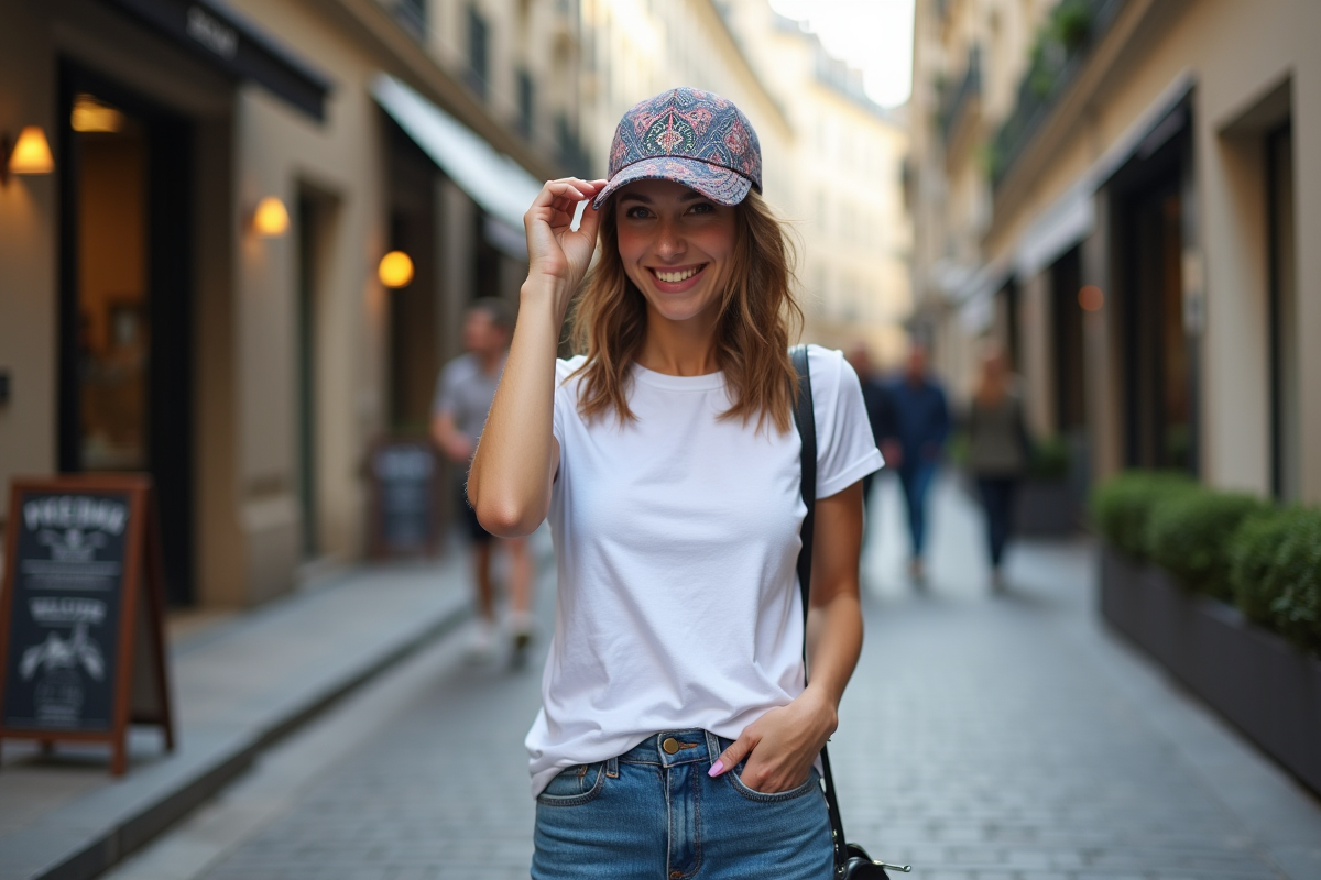 Femme parisienne en t-shirt blanc et casquette dans la rue