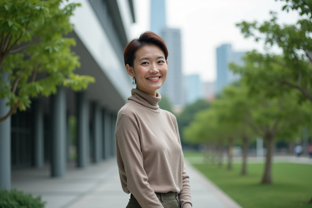 Femme souriante dans un parc urbain moderne