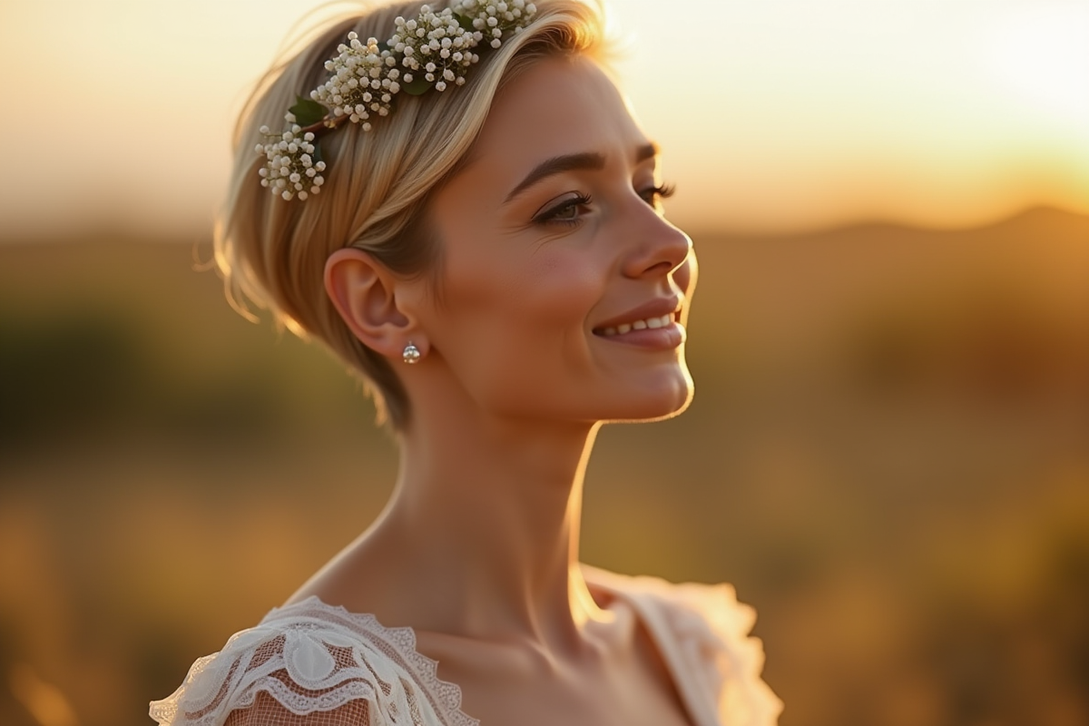 Femme confiante avec coupe pixie pour mariage en extérieur