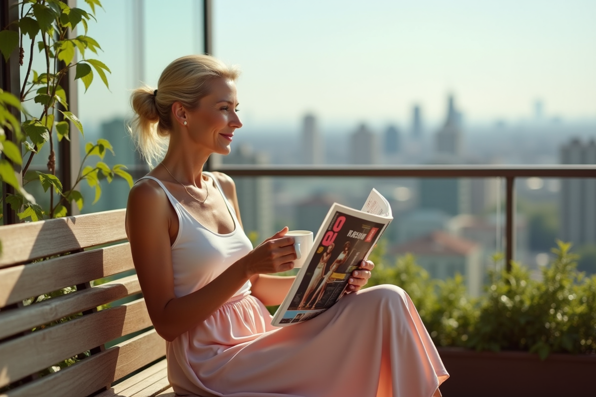 Femme détendue sur un rooftop avec café et magazine