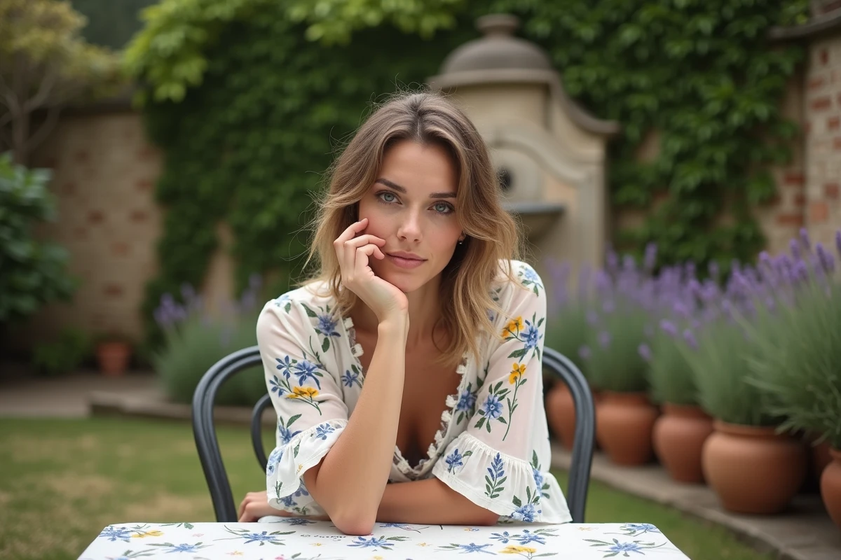 Femme assise en robe cocktail bohème fleurie dans un jardin de ferme française lors d'un mariage champêtre