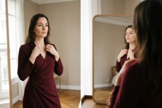 Femme élégante en robe bordeaux devant un miroir en pied dans une chambre parisienne moderne, choisissant sa tenue pour une sortie du soir