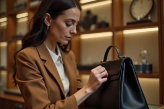Femme inspectant un sac de luxe de seconde main de marque Alaïa dans une boutique vintage parisienne haut de gamme