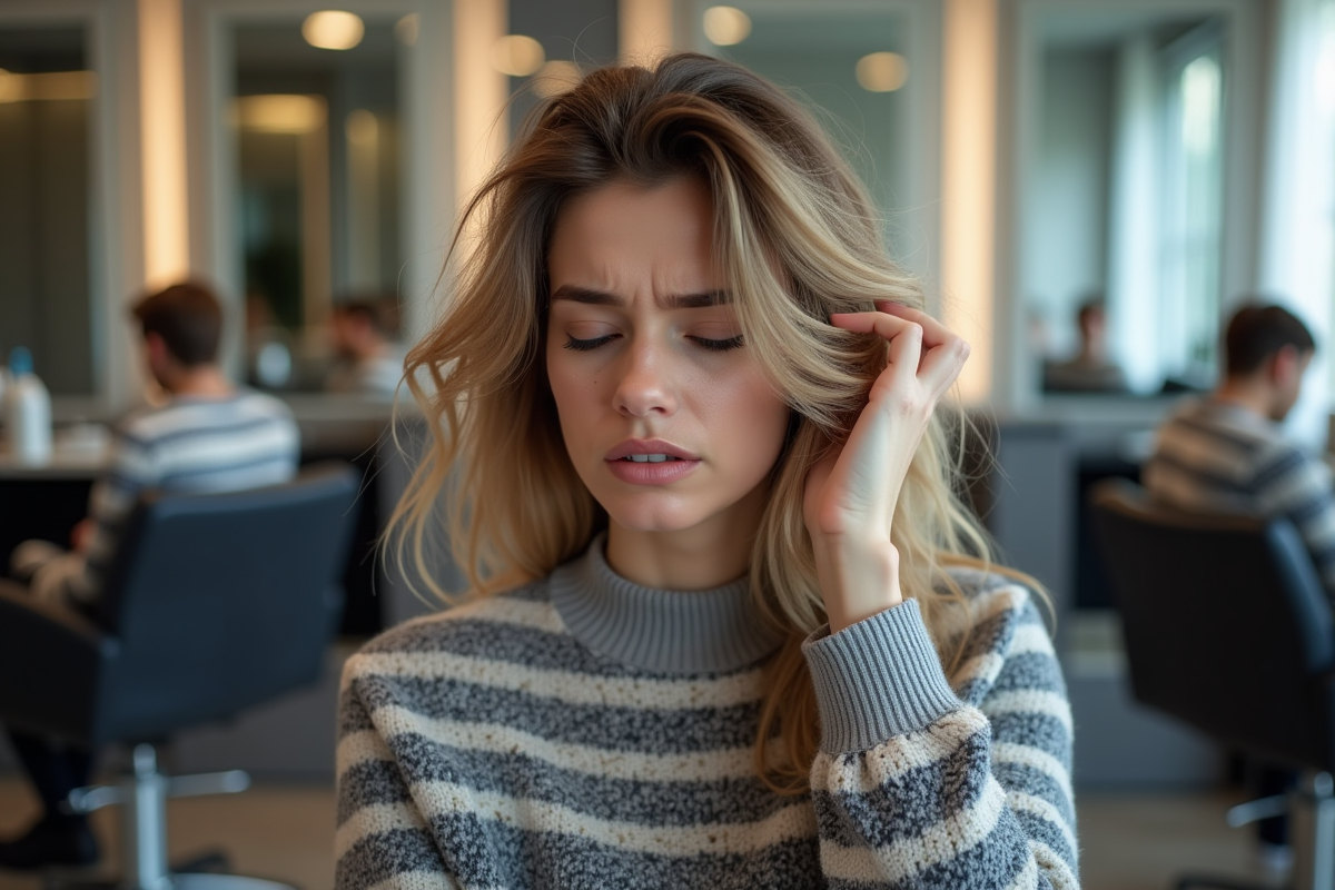 Femme inquiète dans un salon de coiffure moderne