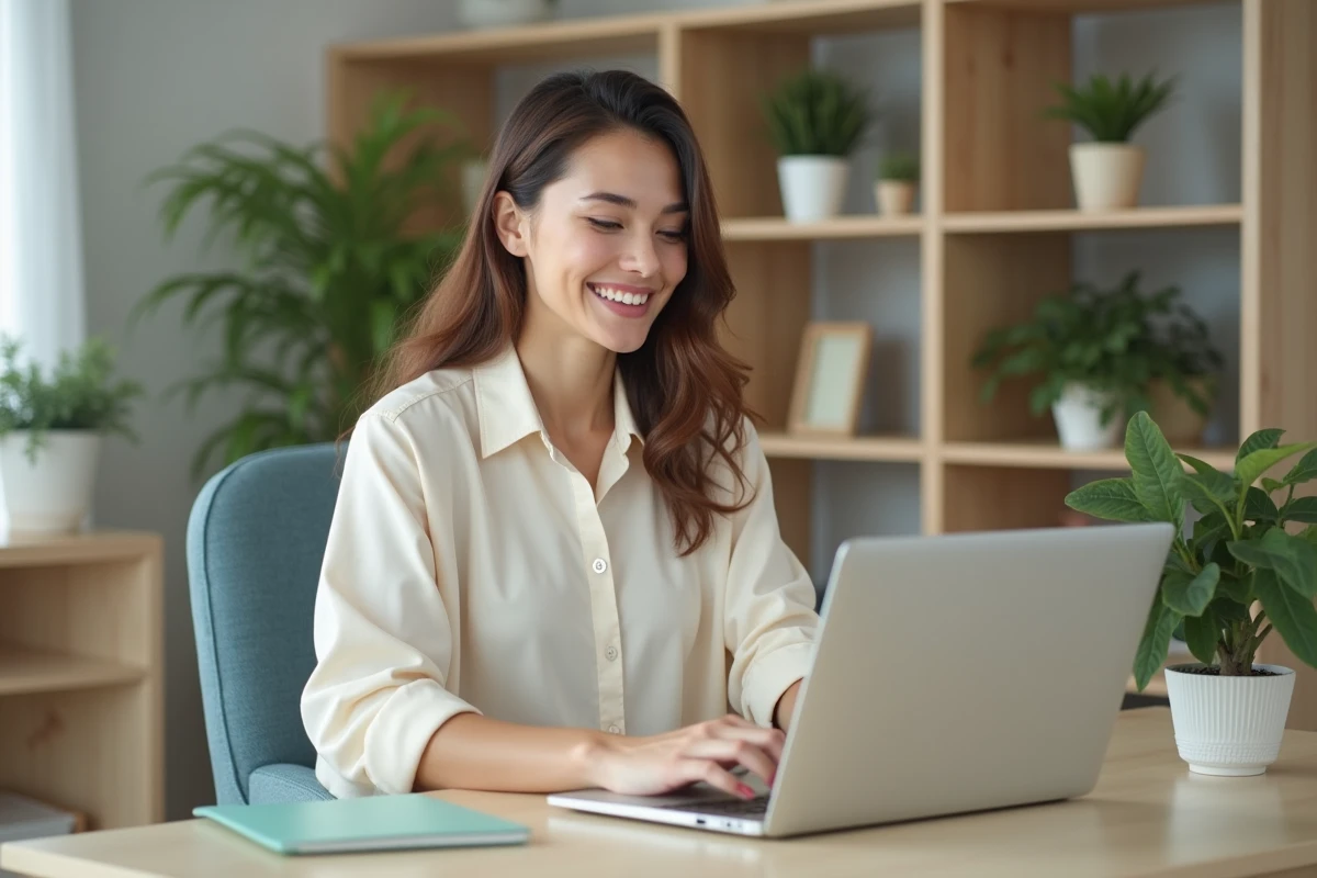 Femme souriante dans un bureau moderne avec ordinateur