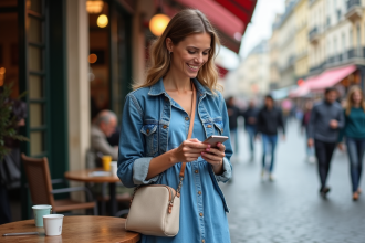 Femme élégante en robe d'été bleue à Paris