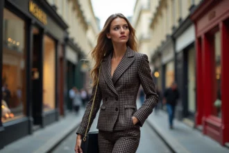 Femme en tailleur tartan dans une rue parisienne dynamique