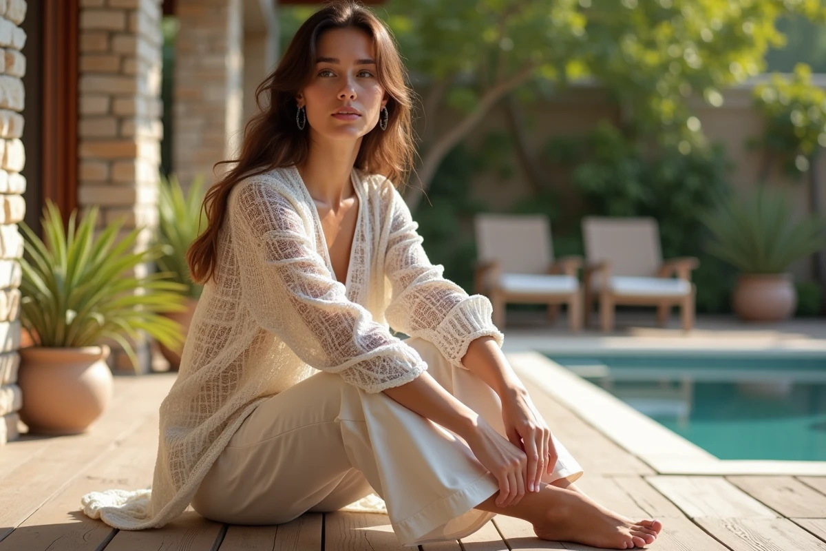 Femme assise sur terrasse en tenue légère et relaxe