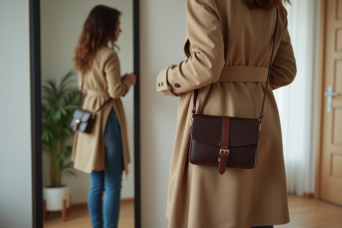 Femme en trench et sac en cuir dans un intérieur moderne
