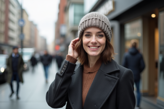 Femme souriante en ville portant un bonnet en laine