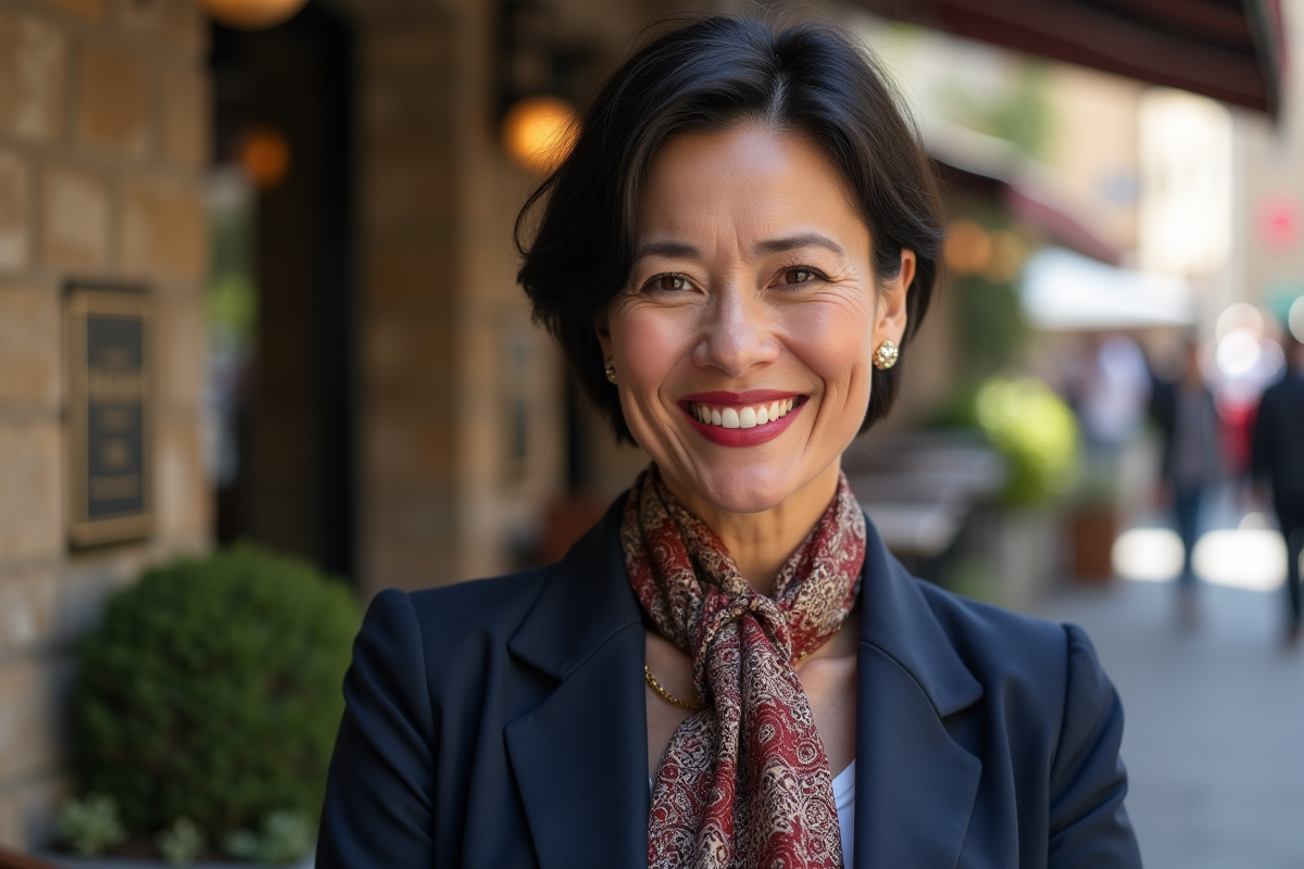 Femme souriante portant rouge à lèvres dans un café en ville