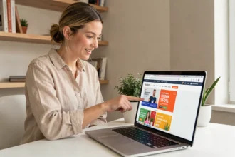 Femme consultant des ventes privées en ligne sur son ordinateur portable depuis un bureau moderne à la maison