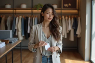 Femme examinant une étiquette de vêtement dans une boutique élégante