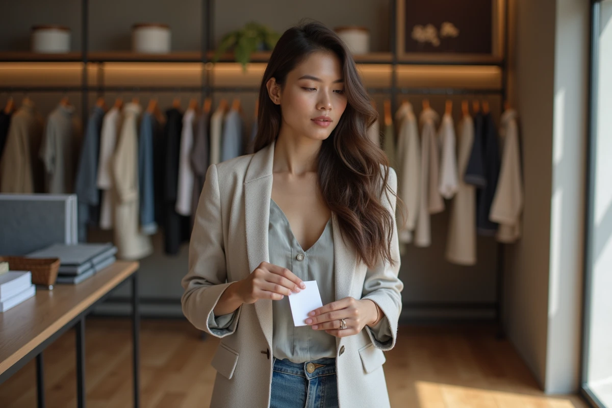 Femme examinant une étiquette de vêtement dans une boutique élégante
