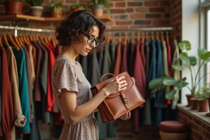 Jeune femme vintage inspectant un sac en cuir dans une boutique rétro