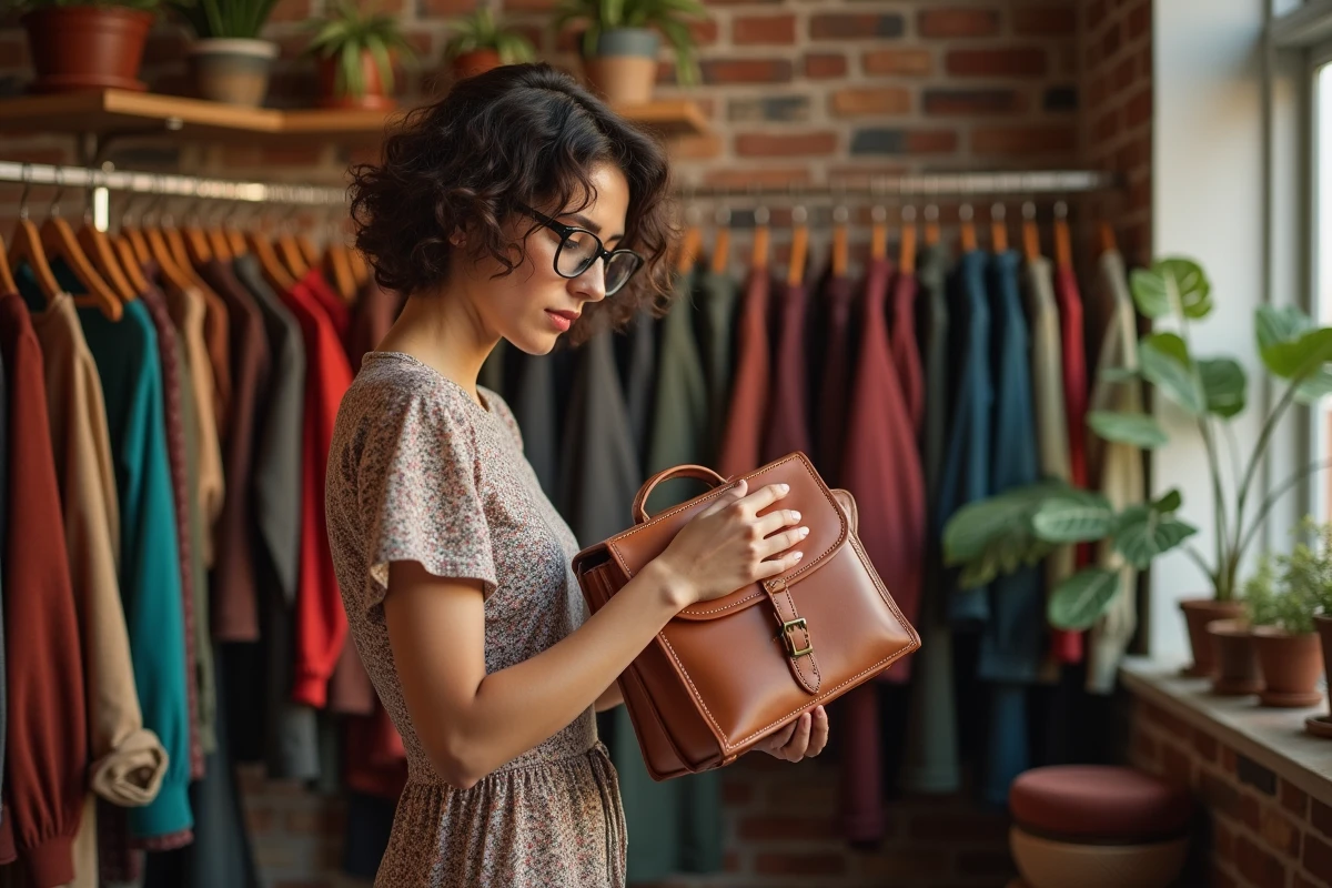 Jeune femme vintage inspectant un sac en cuir dans une boutique rétro
