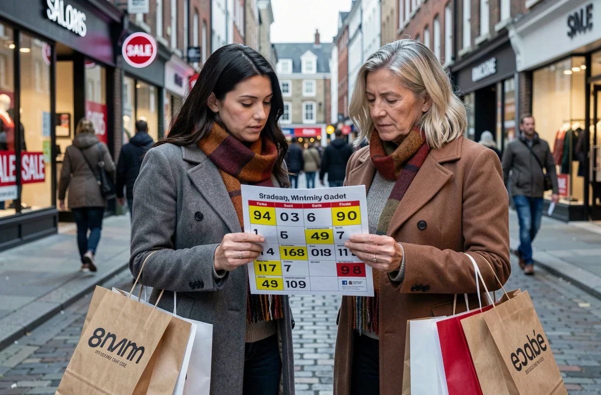Deux femmes en ville consultant un calendrier de ventes privées et soldes avec des sacs de shopping