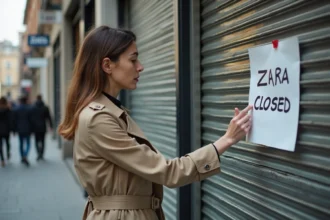 Femme découvrant la fermeture d'un magasin Zara avec des rideaux métalliques baissés en centre-ville