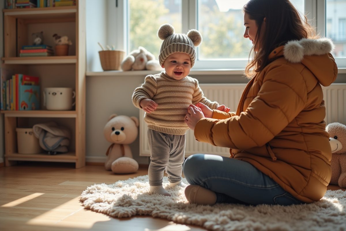 Fille de 18 mois habillée par sa maman dans un salon