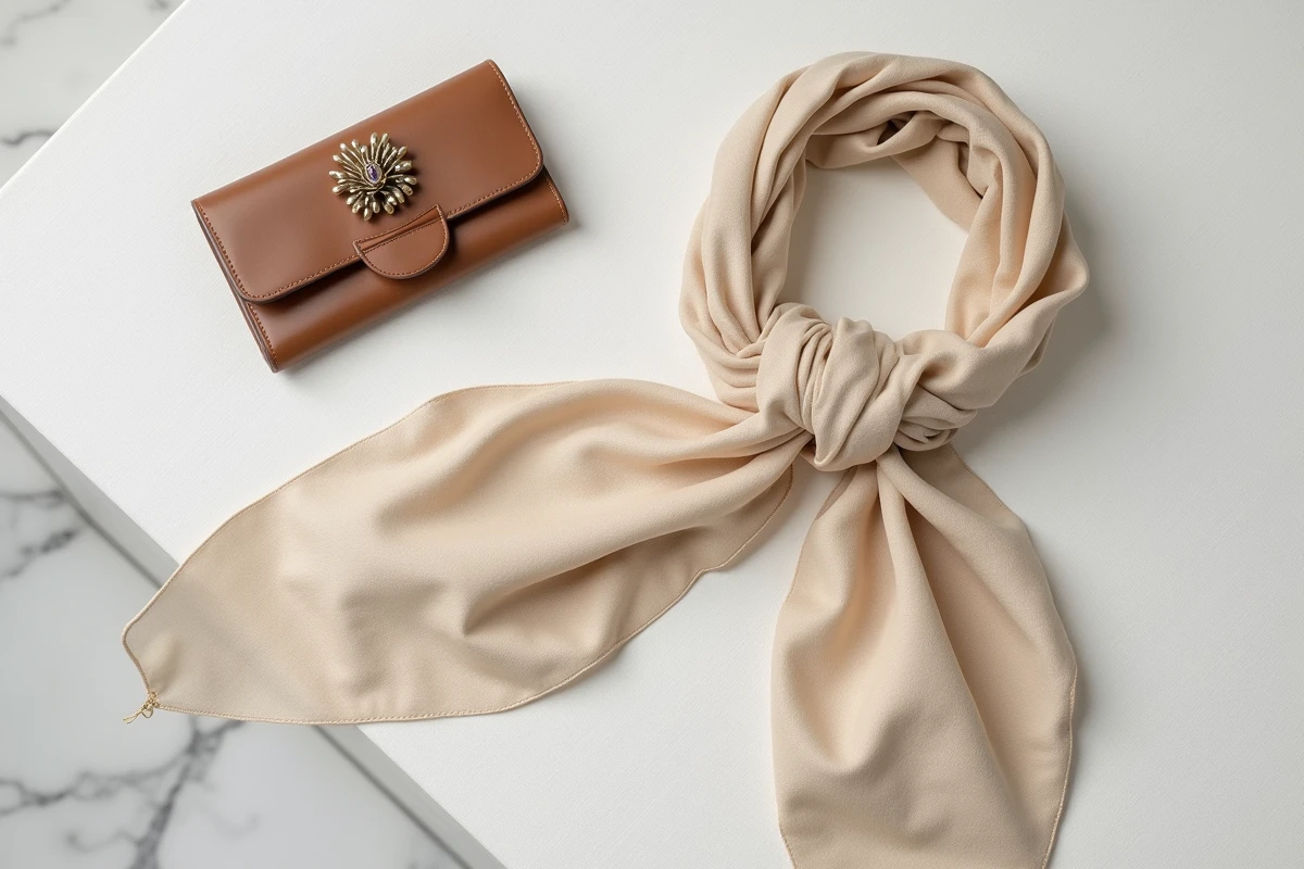 Flat-lay d'accessoires de luxe de seconde main de marques en A comme Armani et Alexander McQueen sur fond de lin blanc