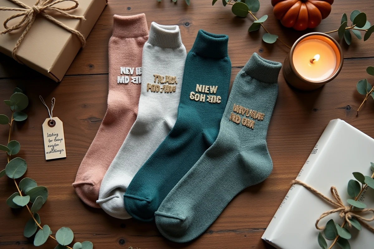 Flat lay de chaussettes paillettes message en différentes couleurs sur table en bois rustique