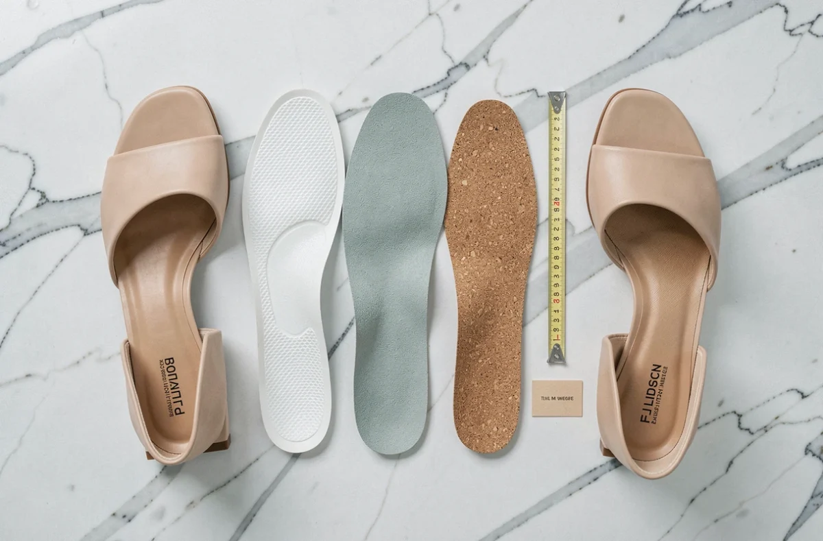 Flat lay de différentes semelles pour chaussures trop grandes posées à côté d'un escarpin beige sur marbre blanc
