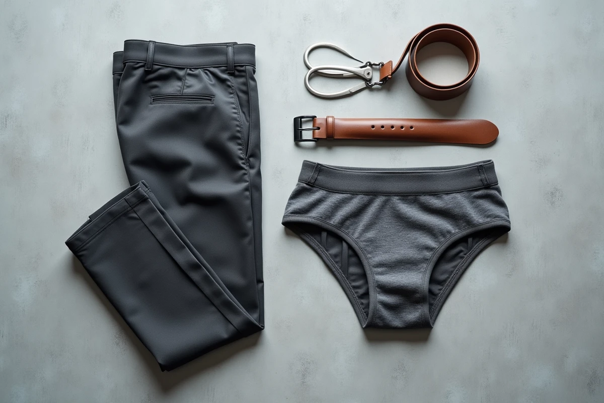 Flat-lay d'un slip kangourou discret en coton gris posé à côté d'un pantalon habillé anthracite, tenue masculine élégante