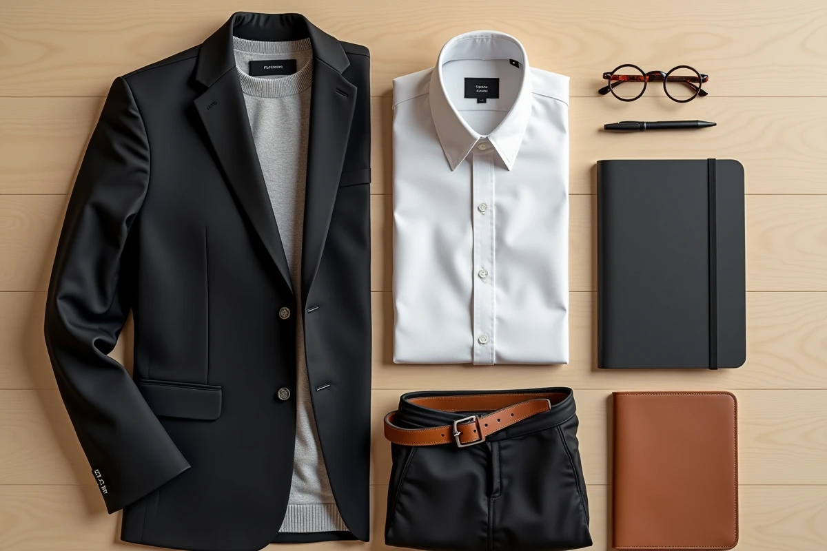 Flatlay de vêtements capsule bureau pour femme incluant blazer noir, pull cachemire gris et chemisier blanc sur surface en bois clair