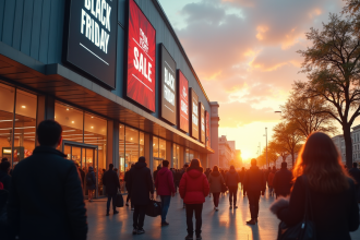 Foule impatiente devant un centre commercial au lever du soleil