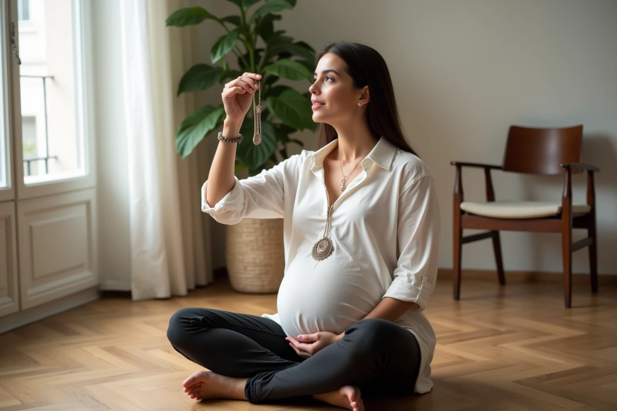 Future maman engagée examinant un bola de grossesse artisanal français dans un appartement parisien
